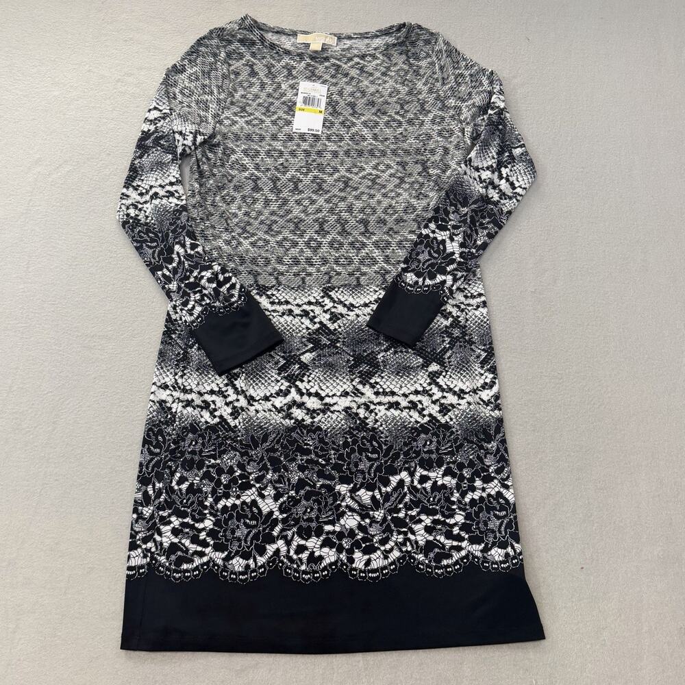 Michael Kors Snakeskin Floral Lace Print Long Sleeve Stretch Midi Dress Black M